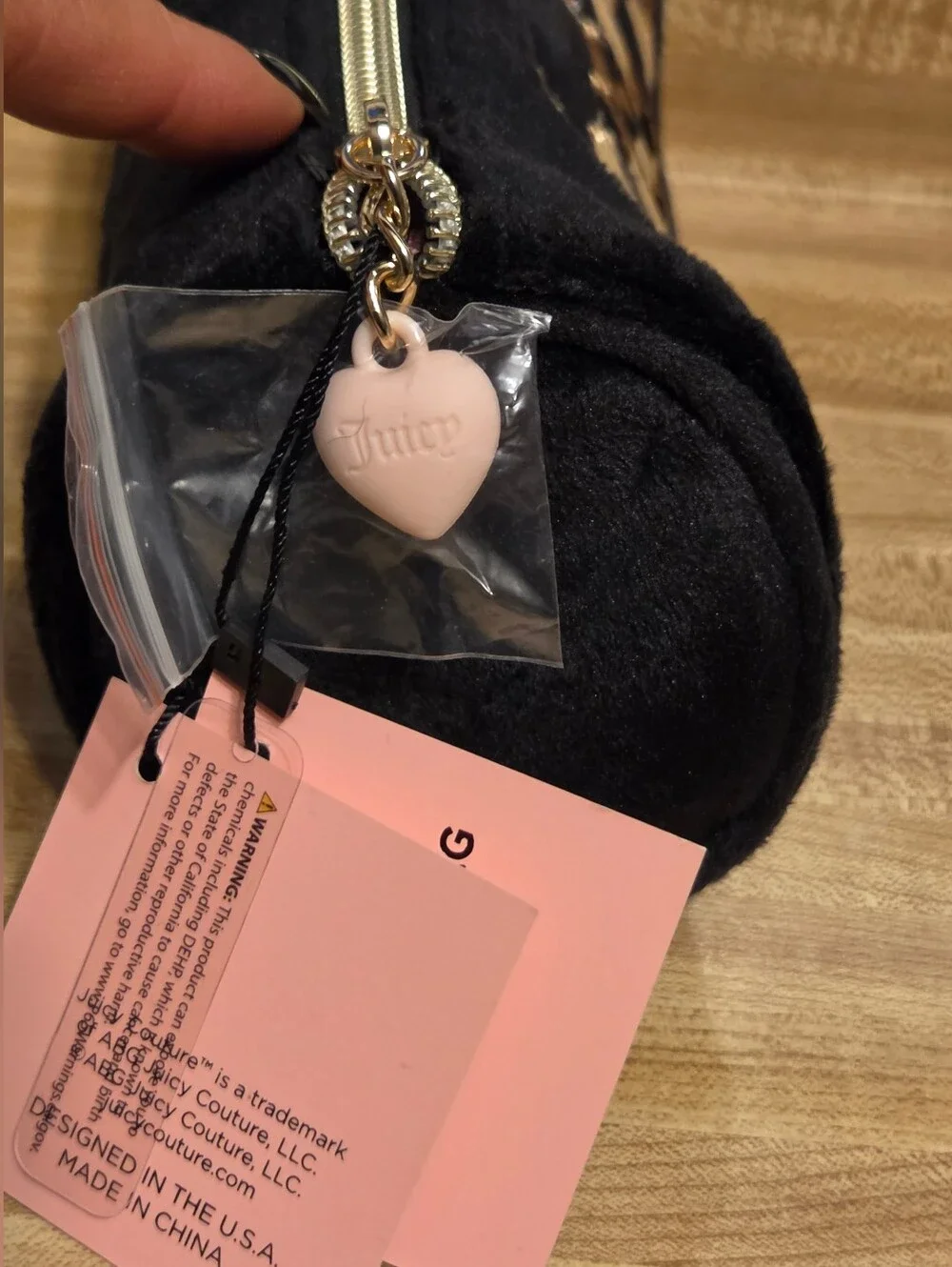 Juicy Couture NWT Black Barrel Cosmetic Bag W/ Leopard Writing